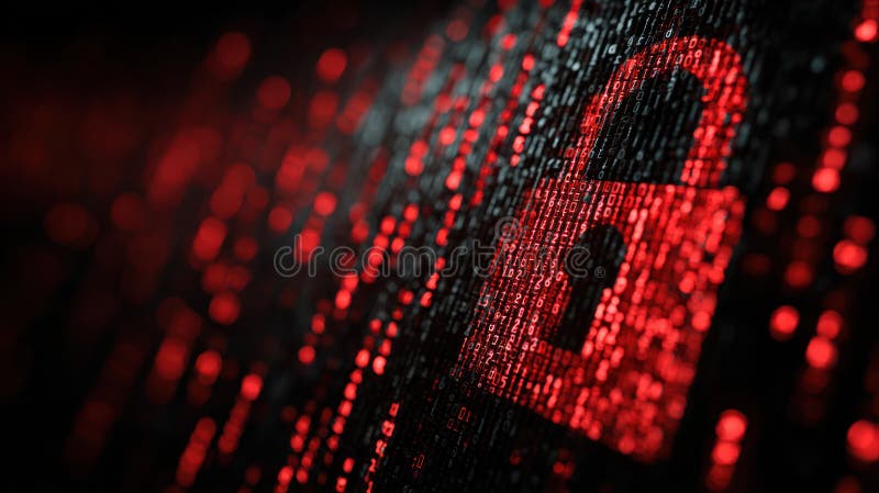 Cybersecurity concept with red digital padlock and code background symbolizing data protection and online security royalty free stock photography