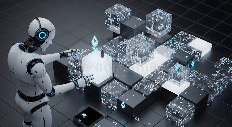 Cybersecurity concept of a robot solving a complex 3D data puzzle, symbolizing encryption, decryption, problem-solving, and the vector illustration