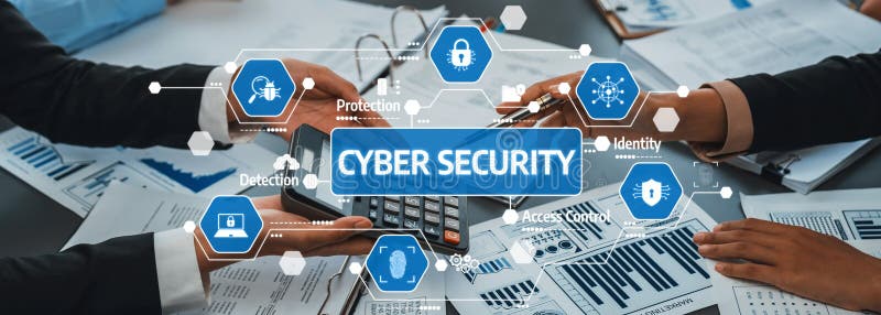 Cybersecurity Concepts in Business Environment Featuring Hands and Documents with Icons Representing Protection royalty free stock images