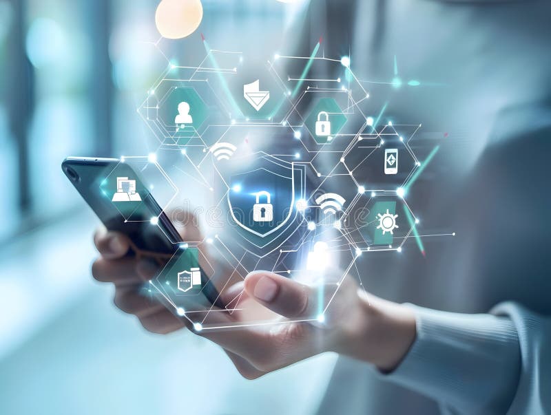 Cybersecurity Concepts with Smartphone and Security Symbols Surrounded by Cyber Icons stock illustration