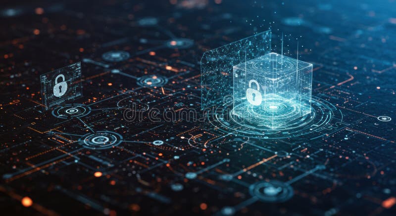 Cybersecurity Cube: Digital Network Security in Abstract Style royalty free illustration