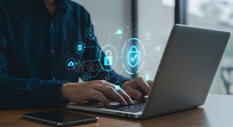 Cybersecurity data protection concept secure network access user working on laptop for online safety royalty free illustration