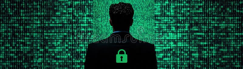 Cybersecurity Data Protection Digital Privacy Man Binary Code Lock Security Technology Green royaltyfri illustrationer