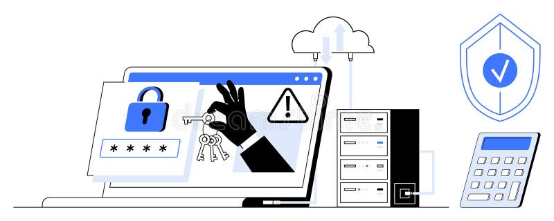 Cybersecurity Concept with Secure Login, Data Protection, and Cloud Backup Elements stock illustration