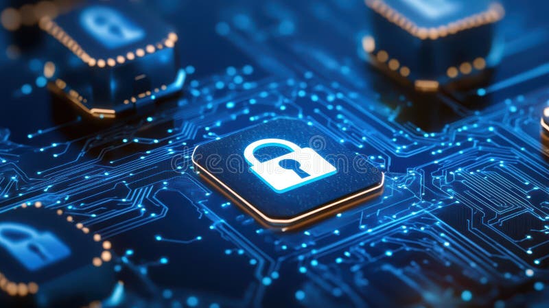 Cybersecurity and data protection, padlock on circuit board symbolizing digital security royalty free illustration