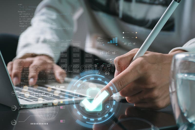 Cybersecurity data protection and privacy, businessman using laptop Internet security, user data encryption, company secrecy, and stock photo