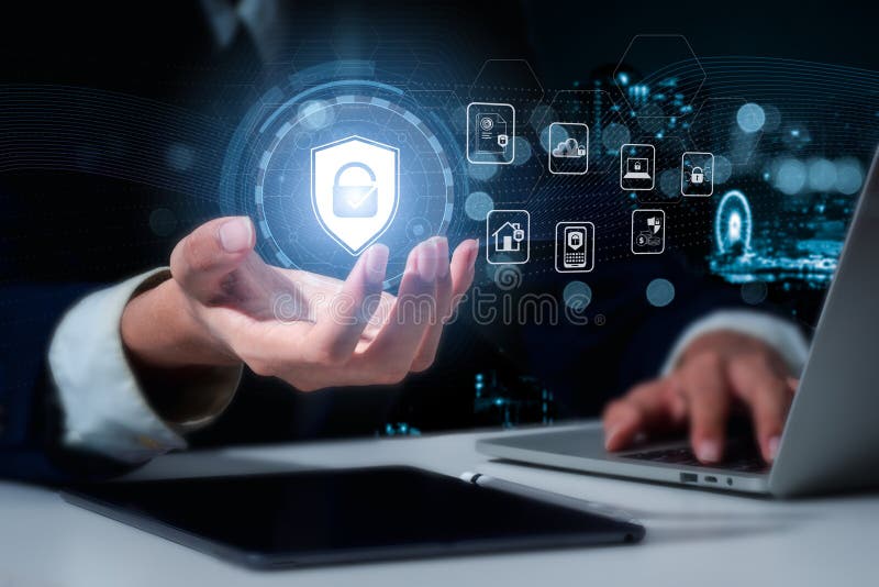 Cybersecurity data protection and privacy, businessman using laptop Internet security, user data encryption, company secrecy, and royalty free stock photography