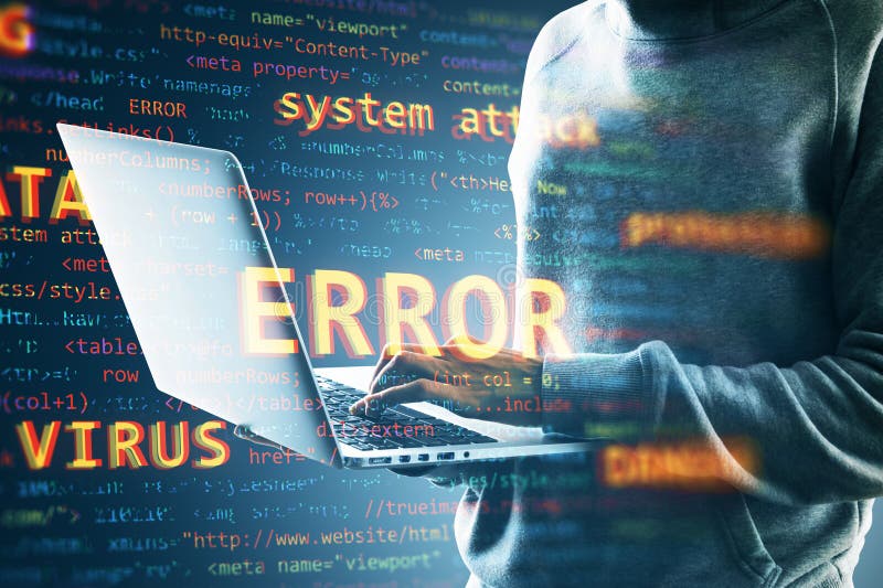 Cybersecurity error concept with person and laptop, coding and virus alert on digital screen background royalty free stock images