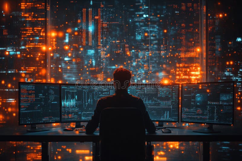 Data analysis and cybersecurity action in tech hub office environment digital insights royalty free stock photo