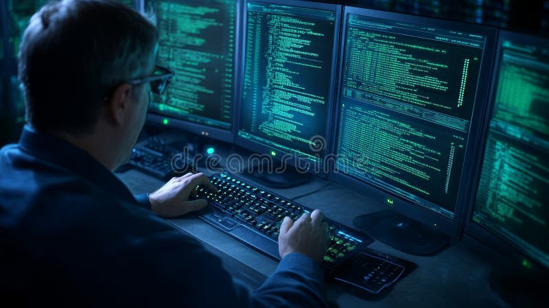 Cybersecurity expert analyzing code on multiple screens royalty free illustration