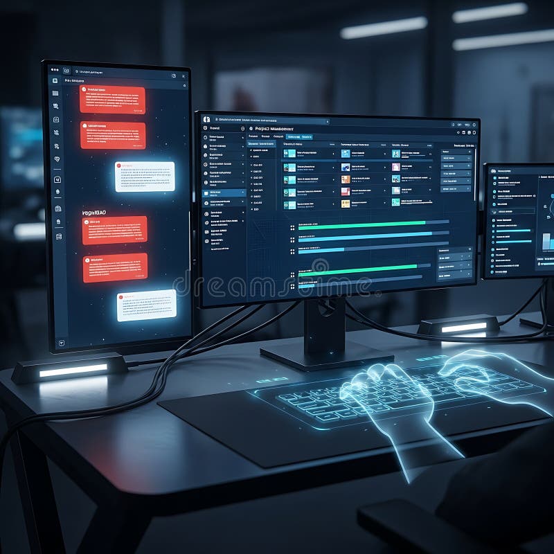 Cybersecurity expert s hands typing on a glowing keyboard in a dimly lit server room stock illustration