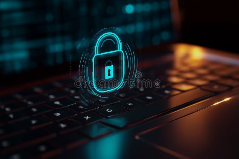 Cybersecurity interface on a laptop. Protecting data with password encryption and digital locks for online safety, network, and vector illustration