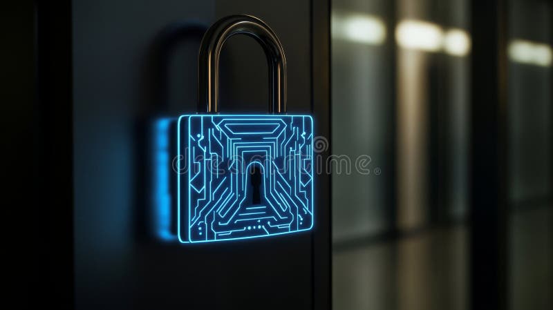 Digital Circuit Board Padlock Symbolizing Cybersecurity on Dark Backdrop, generative ai stock illustration