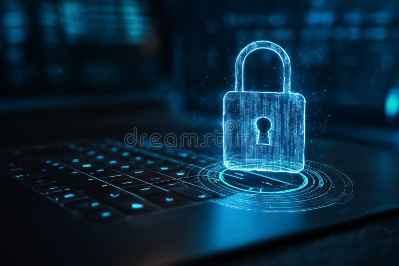 Cybersecurity lock protecting data on a keyboard, symbolizing secure access and digital safety, ensuring online privacy and royalty free illustration
