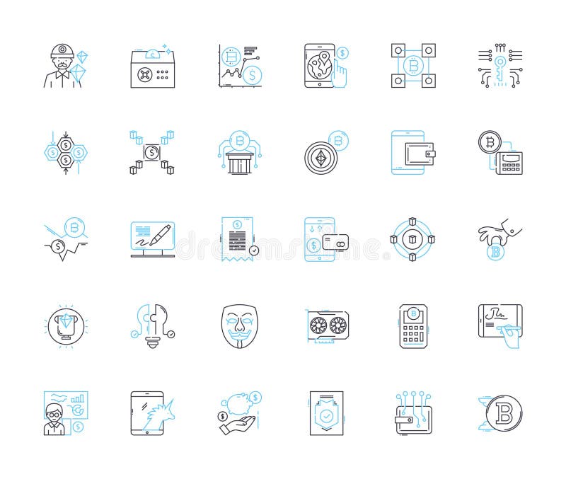 Cybersecurity measures linear icons set. Encryption, Firewall, VPN, Patching, Authentication, Antivirus, Biometrics line royalty free illustration