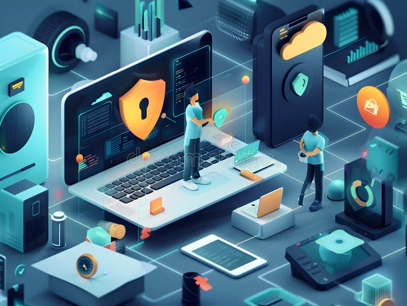 Cybersecurity Measures Set Up by 3D Rendered Employee in Digital Workspace stock illustration