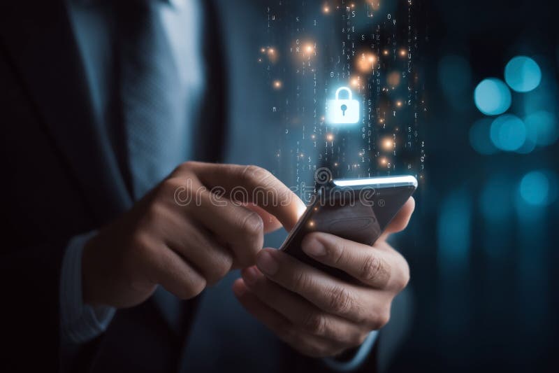 Cybersecurity on Mobile: A person in a suit using a phone with a digital padlock symbolizing data protection and secure connection stock illustration