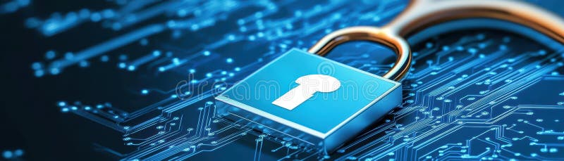 Cybersecurity padlock on circuit board, protecting data and ensuring network security vector illustration