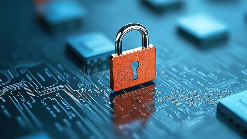 Cybersecurity padlock on circuit board, protecting data and network access circuit vector illustration