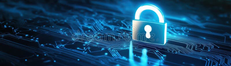Cybersecurity padlock on circuit board, protecting digital data and network security royalty free illustration