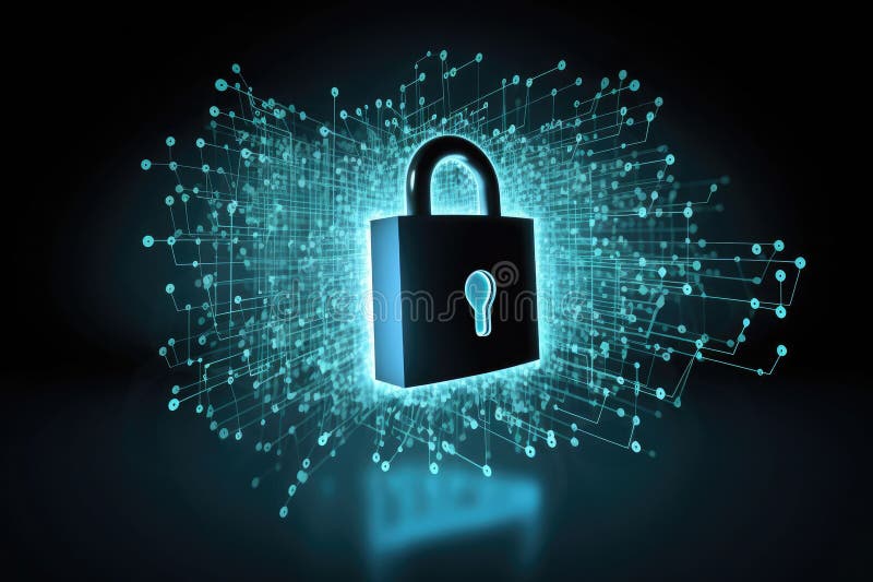 Cybersecurity padlock digital lock on technology network data protection bakgrund. generativ ai royaltyfri illustrationer