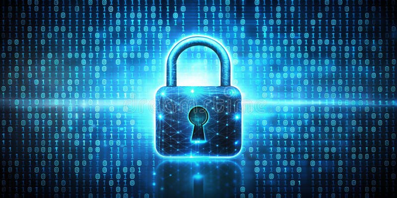 Cybersecurity Padlock Network Composition, Binary Background, Digital Security Concept royalty free illustration