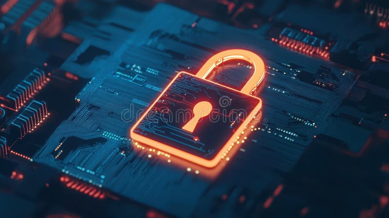 Cybersecurity padlock protecting digital circuit, ensuring data protection, access control, and network security stock illustration