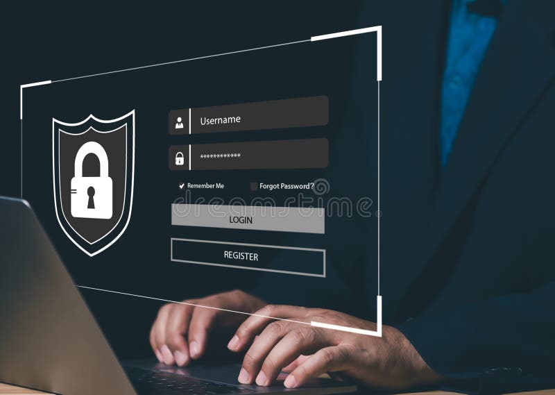 Cybersecurity and privacy concept. Internet network security technology. Businessman or user typing login and password royalty free stock photo