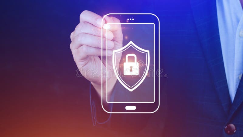 Cybersecurity and privacy concepts to protect data. Lock icon and internet network security technology, Businessman protecting personal data on smartphone, Virtual screen interfaces, cyber security