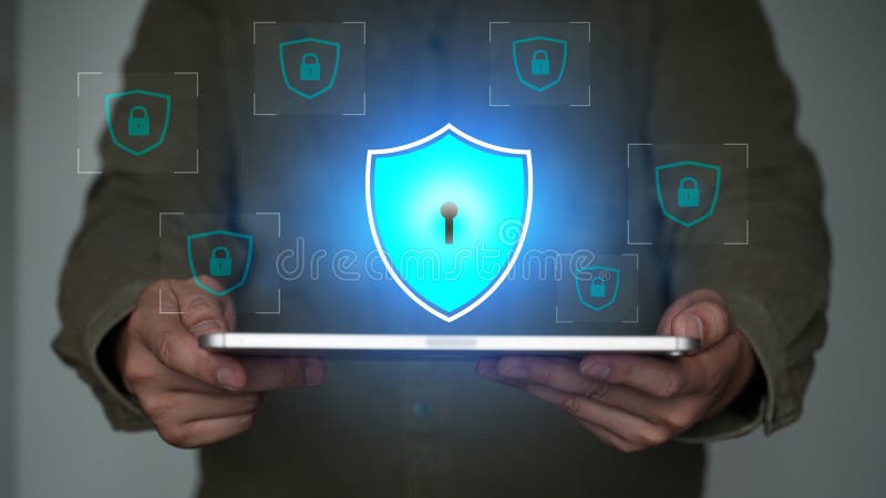 Cybersecurity Protection with Glowing Shield Icon on Tablet Held by Businessperson. stock illustration