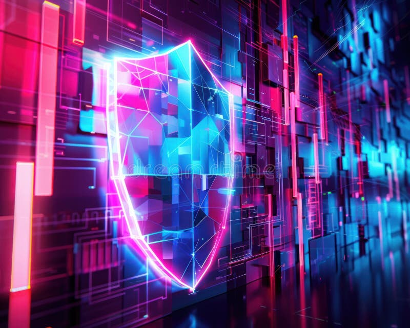 Cybersecurity shield, abstract digital fortress walls in cyberspace, vibrant lines defending against virtual threats, Generative Ai. Shield artificial intelligence stock images, royalty-free photos and pictures