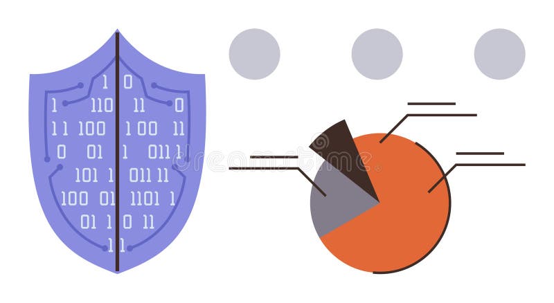 Cybersecurity Shield with Binary Code and Data Analytics Pie Chart royalty free illustration