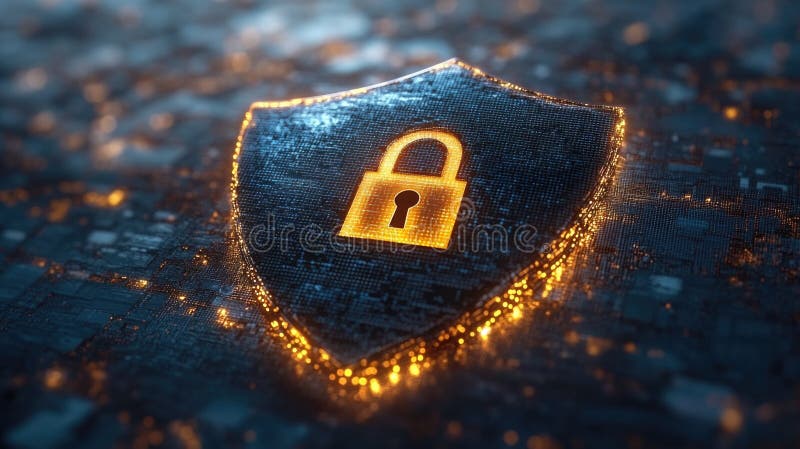 Cybersecurity shield with glowing lock symbol on digital background stock photography