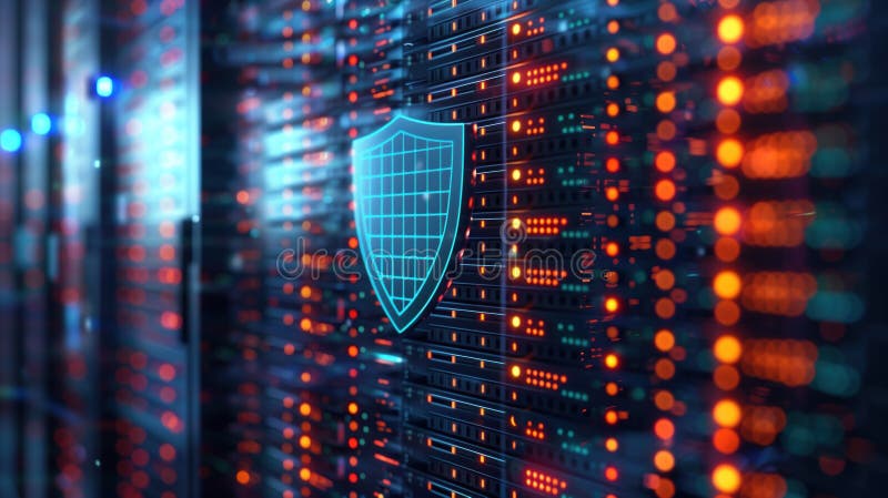 Cybersecurity shield on illuminated server racks in data center environment stock photography