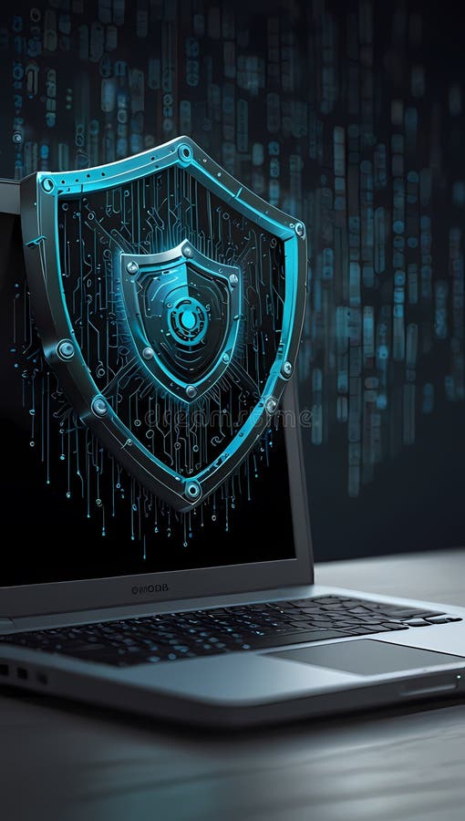 Cybersecurity Shield on Laptop – Digital Data Protection Concept. Laptop displaying a digital shield with a padlock symbol on the screen. The background features a circuit board design in blue, suggesting digital protection or cybersecurity. The metallic shield is centrally placed, emanating a subtle glow. The laptop is open on a dark surface with a sleek, modern design, emphasizing a tech-focused environment.