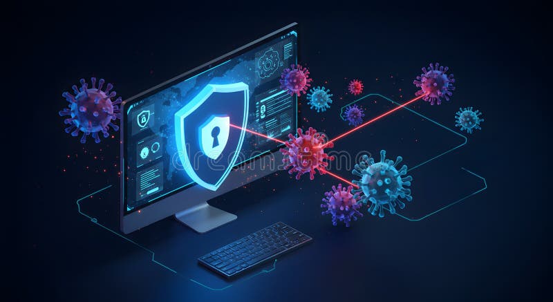 Cybersecurity shield preventing viruses attack on computer device security stock illustration