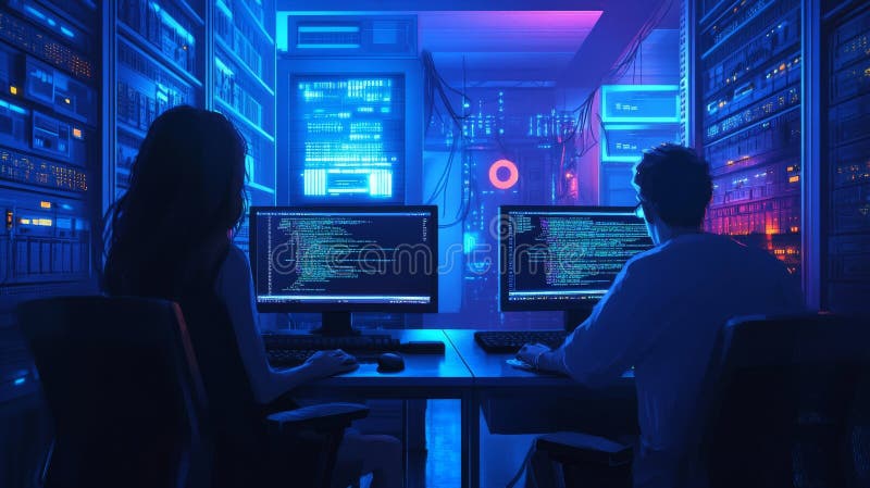 Cybersecurity specialists analyzing data in high-tech server room stock image