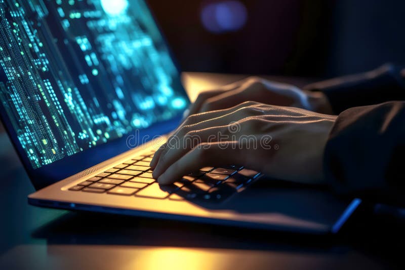 Cybersecurity Threat: Hacker Typing on Laptop at Night royalty free illustration