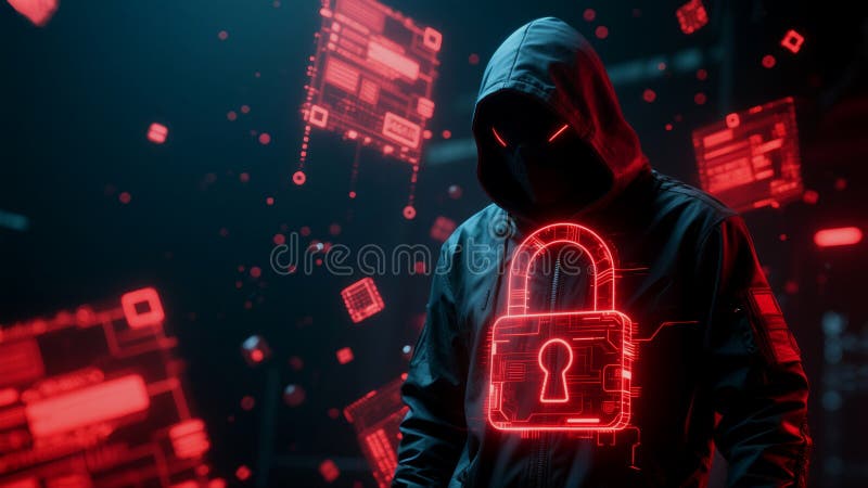 Cybersecurity threat: A hooded figure and a digital lock vector illustration
