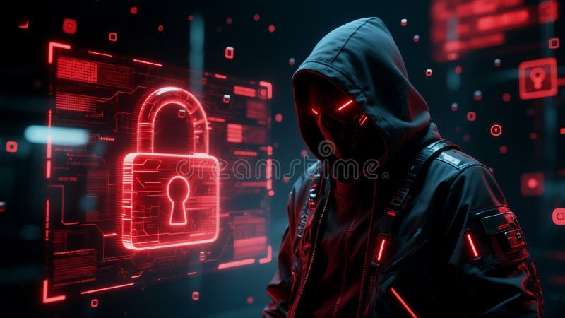 Cybersecurity threat: A hooded figure and a digital lock royalty free illustration