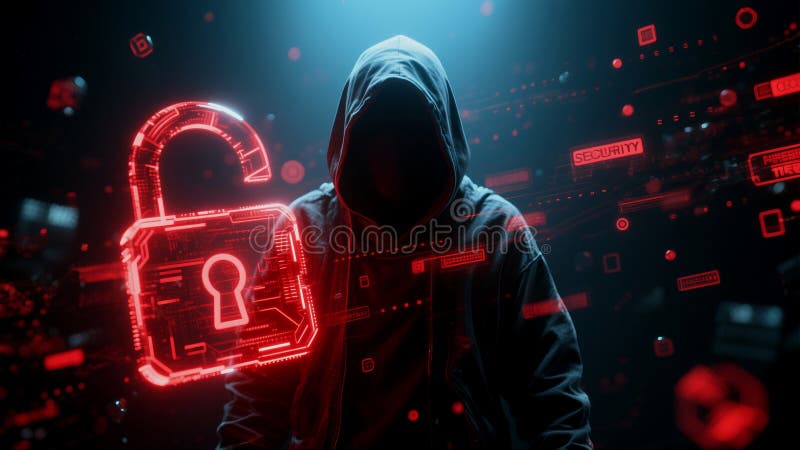Cybersecurity threat: A hooded figure and a digital lock stock illustration