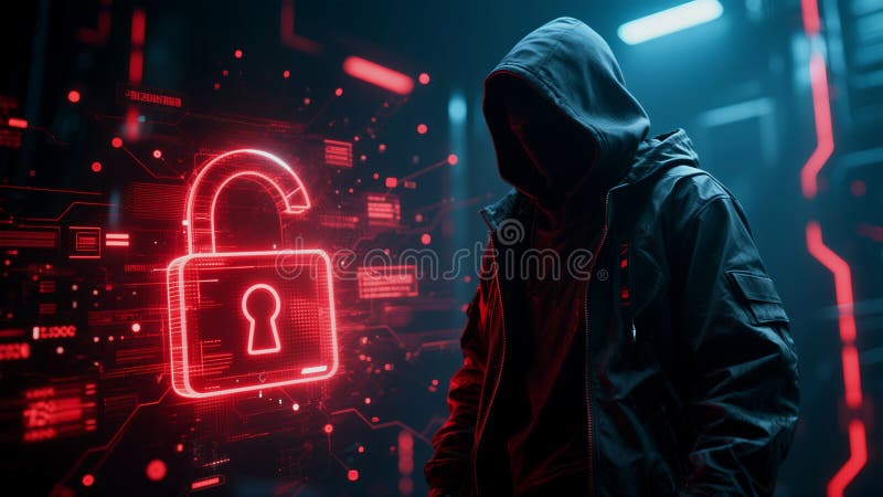 Cybersecurity threat: A hooded figure and a digital lock stock illustration