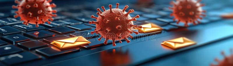 Cybersecurity threat, red virus icon on computer keyboard symbolizing online risk royalty free illustration