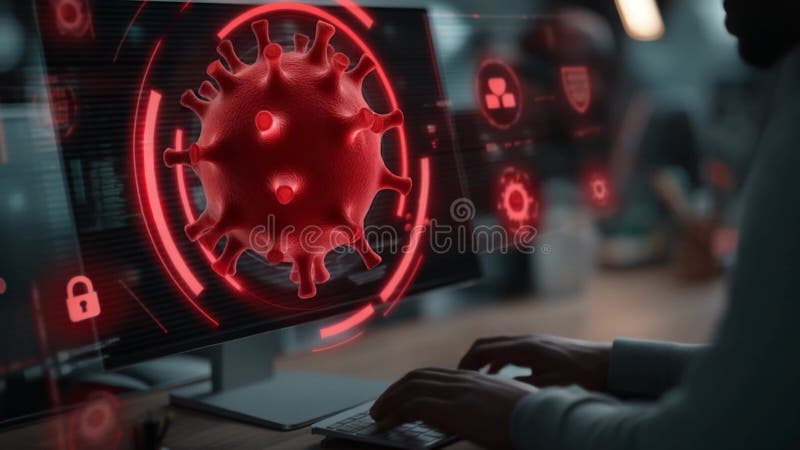 Cybersecurity Threat Visualization - Analyzing Digital Virus Attack on Computer System vector illustration