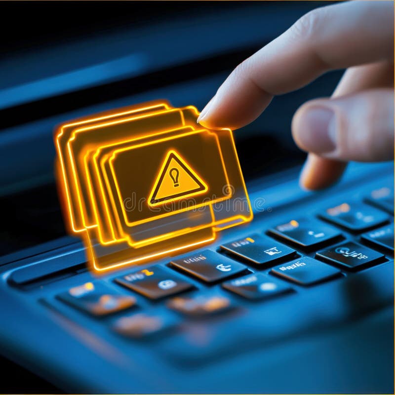 Hand Touching Keyboard with Glowing Digital Warning Triangle Symbolizing Cybersecurity Alert stock illustration