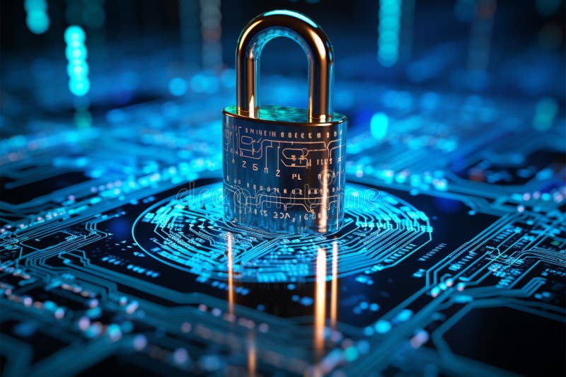 Cybersecuritys binary code concept mirrored in the blue keylock design stock illustration