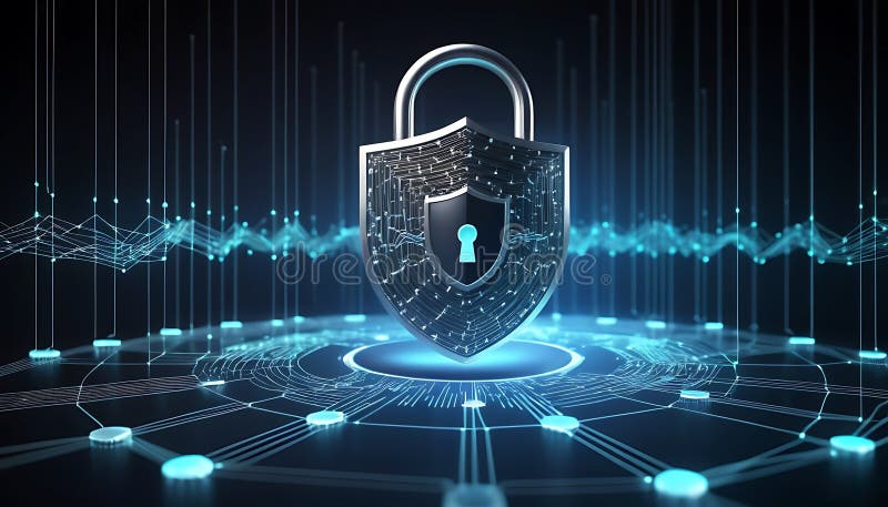 Cybersicherheit starke Blockkettendatenschutz mit glühenden Schutzpunkten, detaillierte 3D-Darstellung vektor abbildung