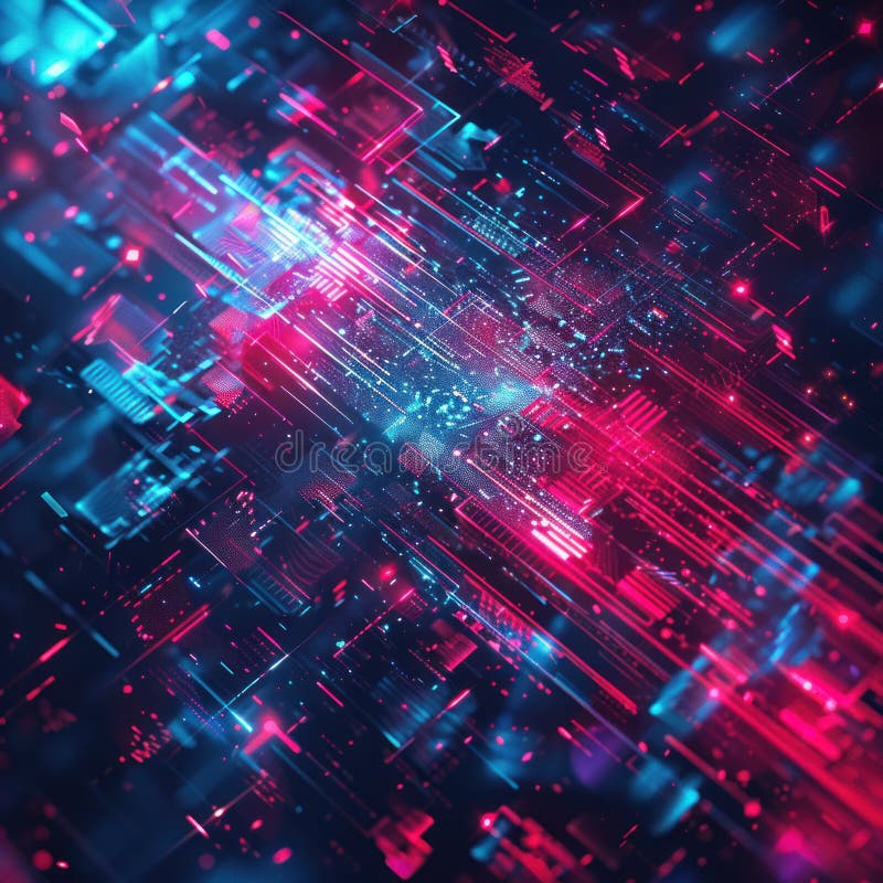 Cyberspace data transfer technology background colorful connectivity lines across circuit board stock illustration