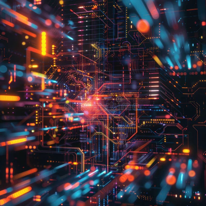 Cyberspace data transfer technology background colorful connectivity lines across circuit board stock illustration