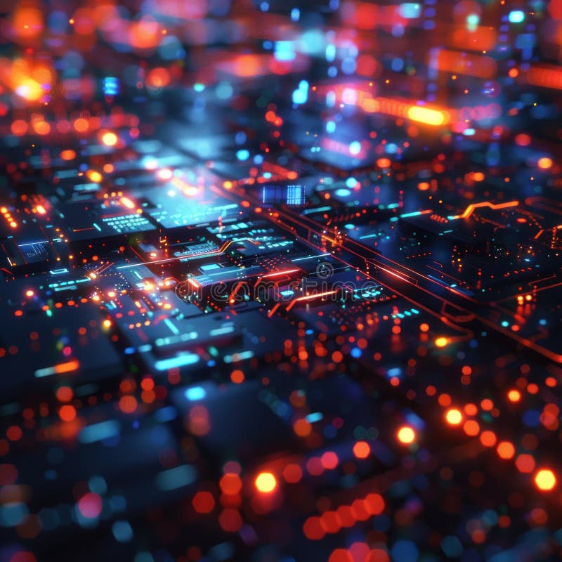 Cyberspace data transfer technology background colorful connectivity lines across circuit board stock illustration